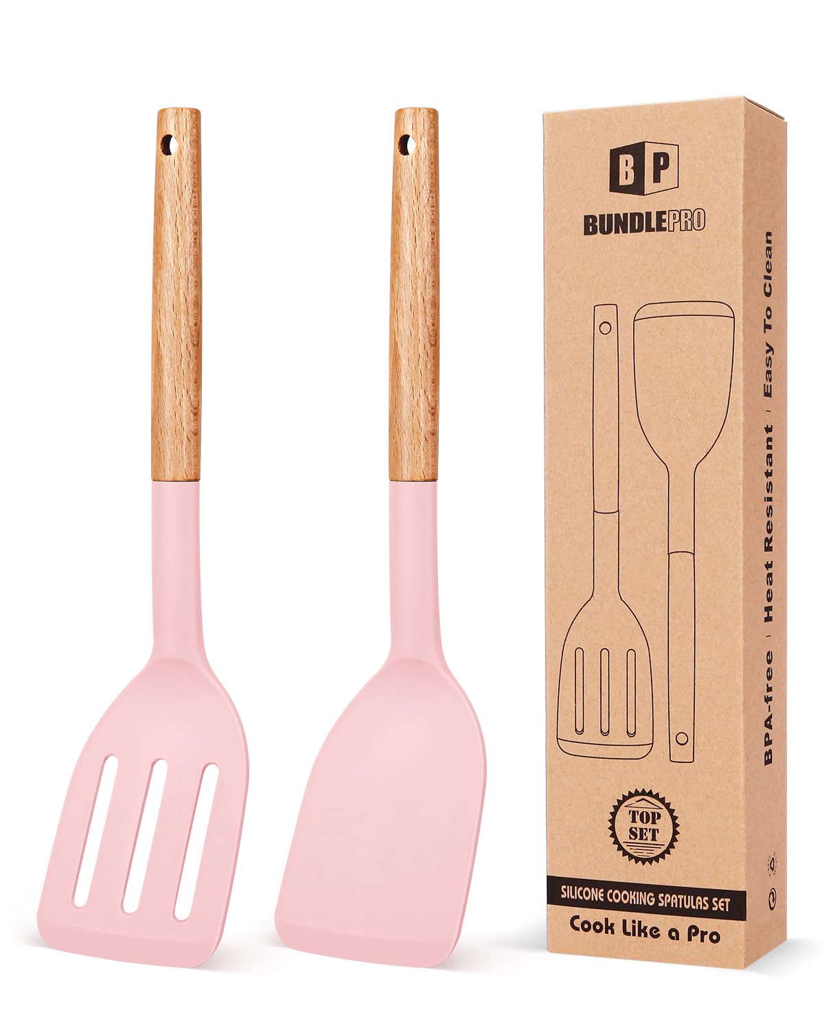 Pack of 2 Silicone Cooking Spatula, Heat Resistant Solid Turner, Non Stick Slotted Spatulas with Wooden Short Handle,Ideal Wood Kitchen Utensils Set for Frying, Baking, Flipping, Turning