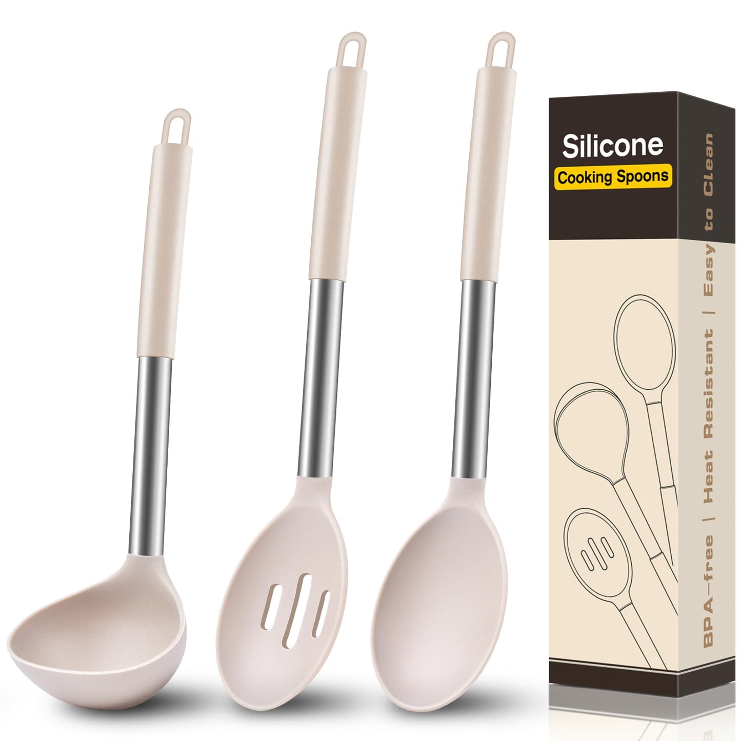3 Pcs Silicone Cooking Spoon Set, Kitchen Utensils Include Solid & Slotted Spoon, Soup Ladle, Food-Grade Heat Resistant, Non-Scratch Spoons for Serving, Stirring, Draining, Dishwasher Safe, Black
