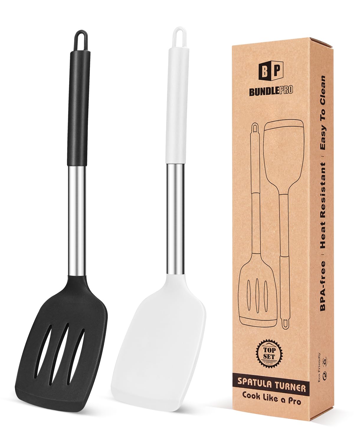 Pack of 2 Silicone Solid Turner, Non Stick Slotted Kitchen Spatulas, High Heat Resistant BPA Free Cooking Utensils, Ideal Cookware for Fish, Eggs, Pancakes(Black)