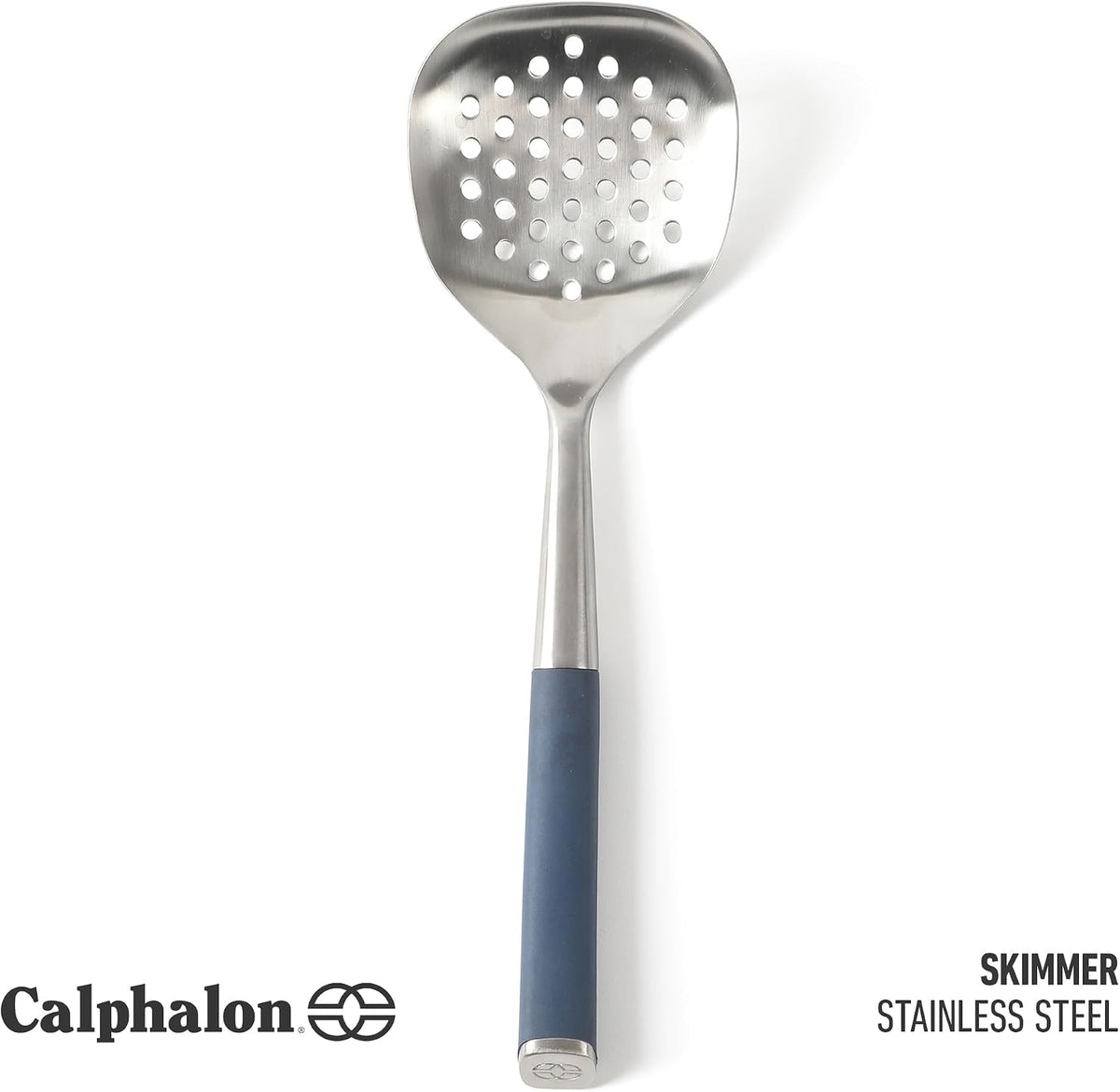 Calphalon Edge Stainless Steel Slotted Spoon/Skimmer, Kitchen Strainer Spoon, Skimmer with Silicone Heat Resistance Handle, Slotted Cooking Tool for Draining and Skimming (Blue)