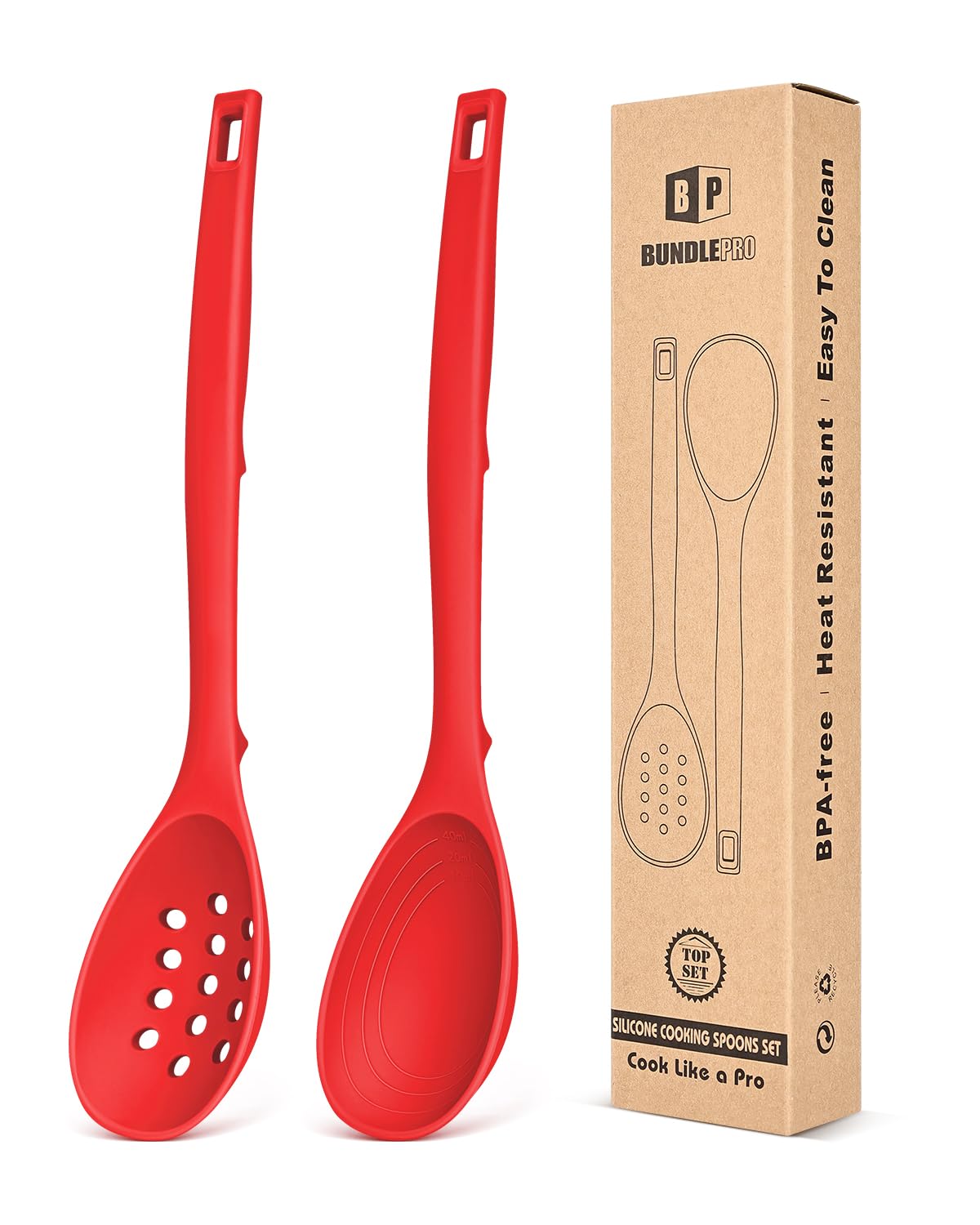 Pack of 2 Silicone Cooking Spoons, Non Stick Solid Kitchen Spoon with Measuring Marks & Back Hooks, Heat Resistant Silicone Slotted Spoon for Cooking, Mixing, Stirring,Serving(KHAKI)