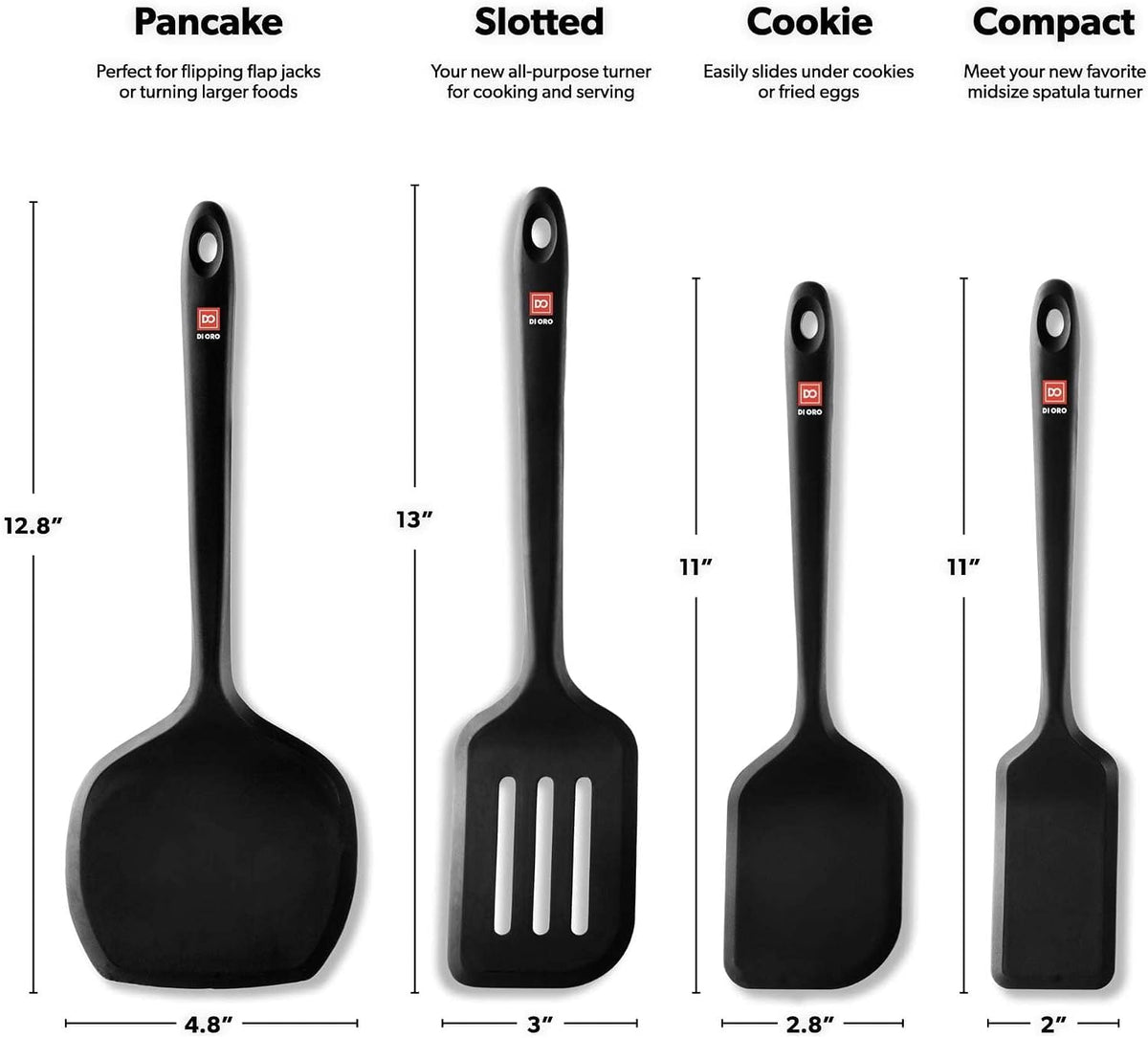 DI ORO Silicone Turner Spatula Set - 600F Heat Resistant, 4-Pc Black