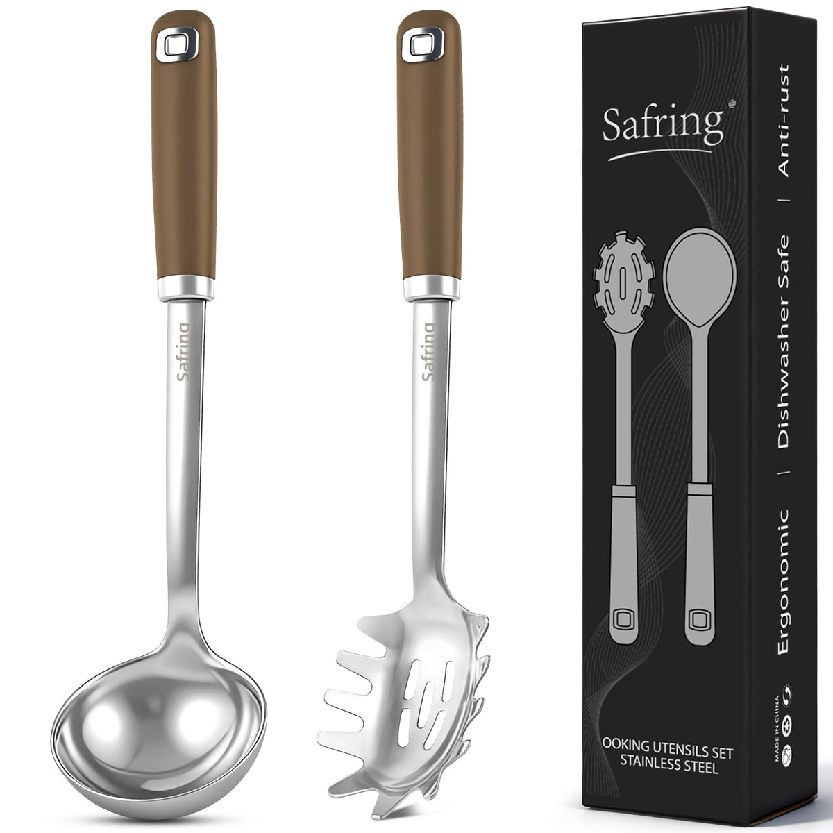 Safring Stainless Steel Soup Ladle and Spaghetti Spoon Set, Heat Resistant Rubber Handle, Dishwasher Safe, Kitchen Utensils for Cooking, Stirring, Serving Pasta, Soup & Sauce