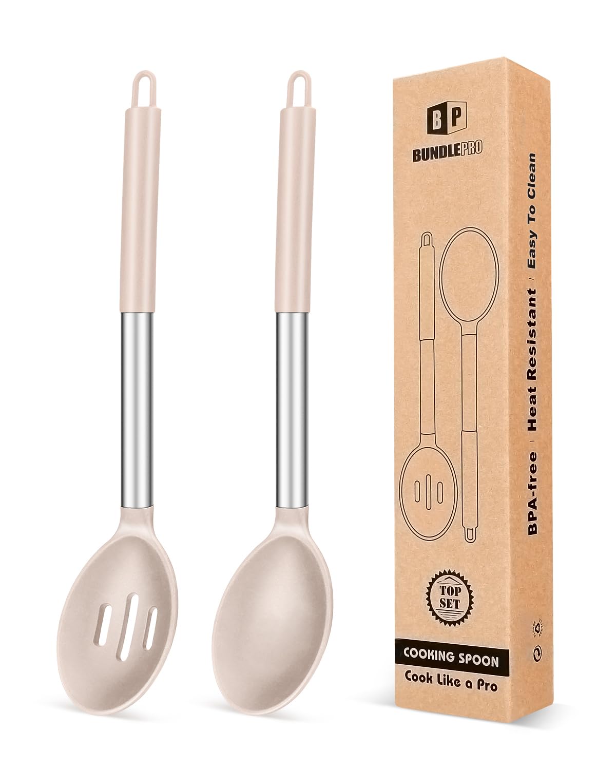 BUNDLEPRO Silicone Cooking Spoons for Nonstick Cookware, 2 Pack, Pink