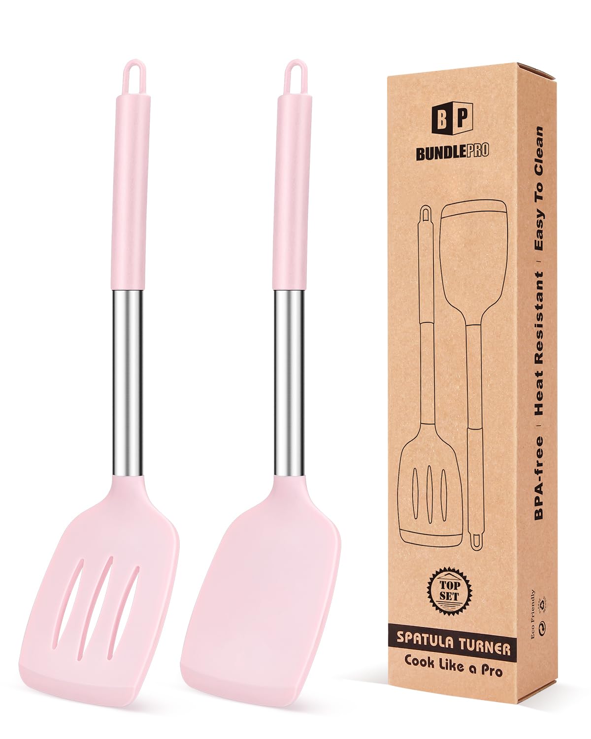 Pack of 2 Silicone Solid Turner, Non Stick Slotted Kitchen Spatulas, High Heat Resistant BPA Free Cooking Utensils, Ideal Cookware for Fish, Eggs, Pancakes(Black)