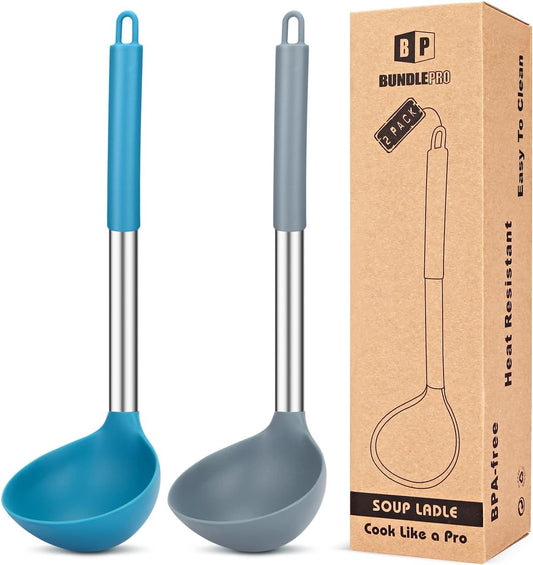 BUNDLEPRO Silicone Soup Ladle Spoon Kitchen Utensils, 2 Pack, Grey-Blue