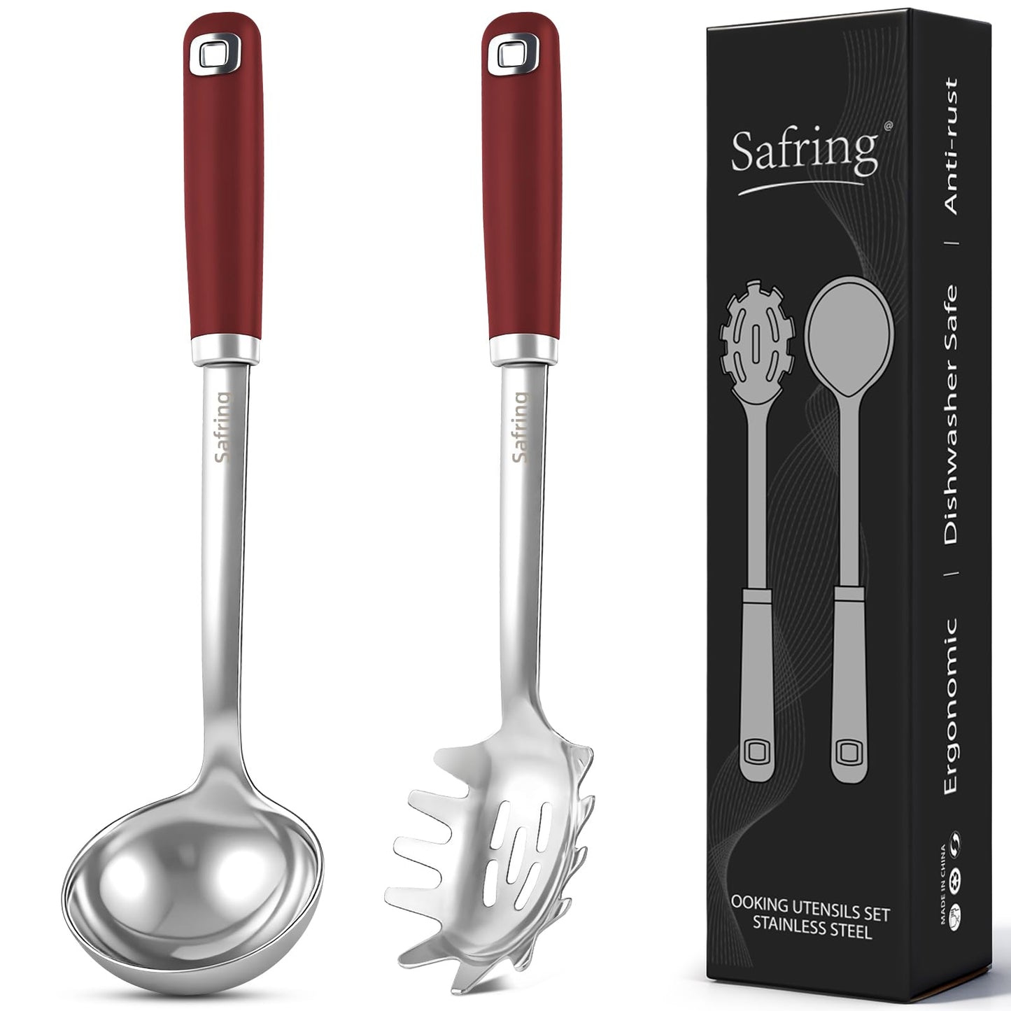 Safring Stainless Steel Soup Ladle and Spaghetti Spoon Set, Heat Resistant Rubber Handle, Dishwasher Safe, Kitchen Utensils for Cooking, Stirring, Serving Pasta, Soup & Sauce