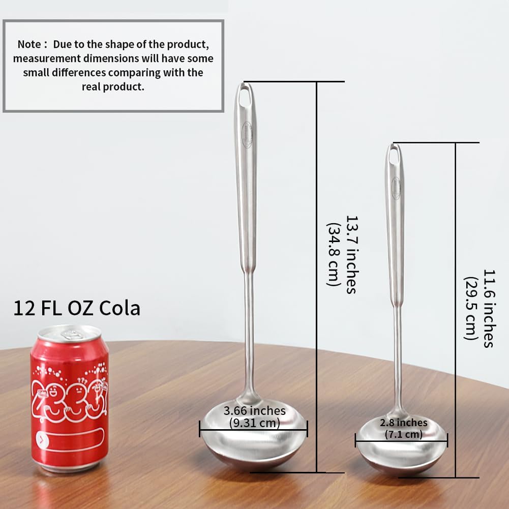 Newness 2 Pack Soup Ladle, [Rustproof, Heat Resistance, Integral Forming] Resilient 304 Stainless Steel Soup Spoon with Vacuum Ergonomic Round Handle, Cooking Spoon for Kitchen, 13.7 and 11.6 Inches
