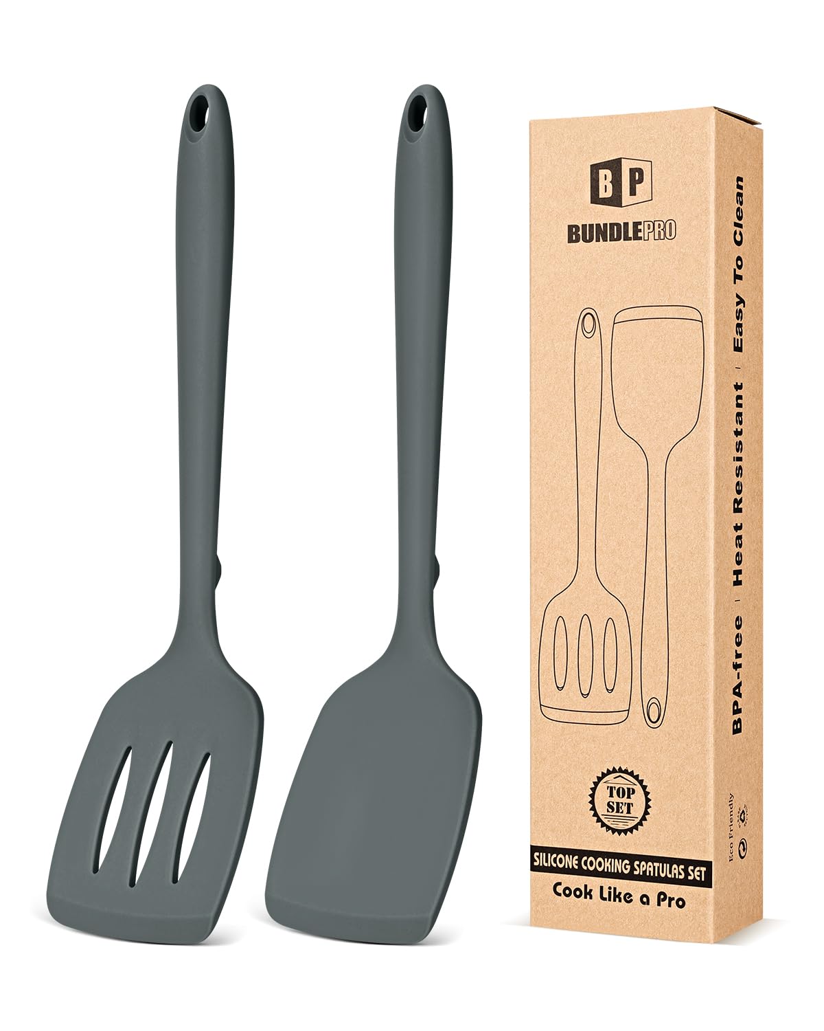 Pack of 2 Silicone Spatula Turners, Non Stick Slotted Kitchen Spatula Set, Heat Resistant BPA Free Kitchen Utensils, One-Piece Design, Suitable for Flipping Fish, Eggs, Steak, Pancakes(KHAKI)