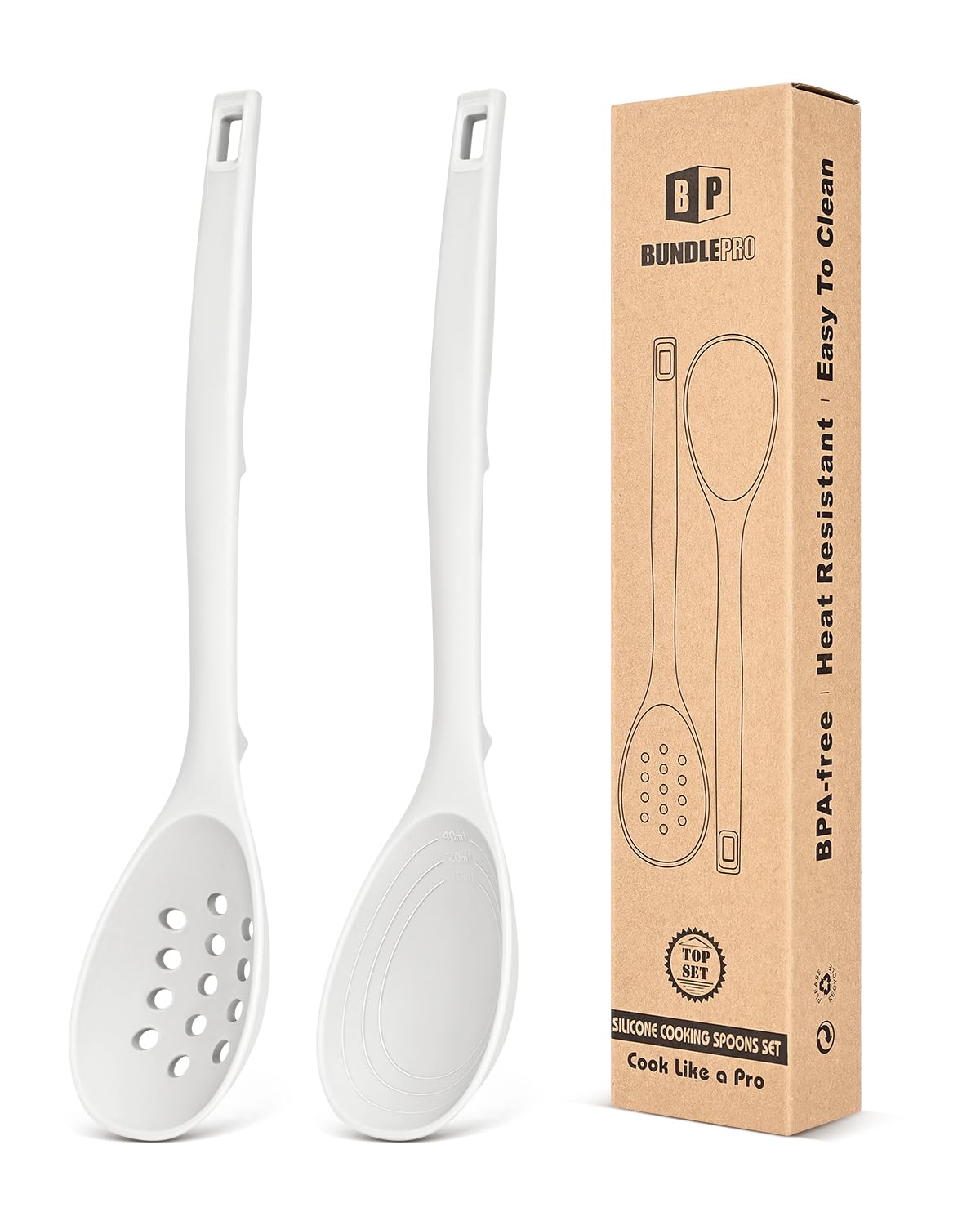 Pack of 2 Silicone Cooking Spoons, Non Stick Solid Kitchen Spoon with Measuring Marks & Back Hooks, Heat Resistant Silicone Slotted Spoon for Cooking, Mixing, Stirring,Serving(KHAKI)