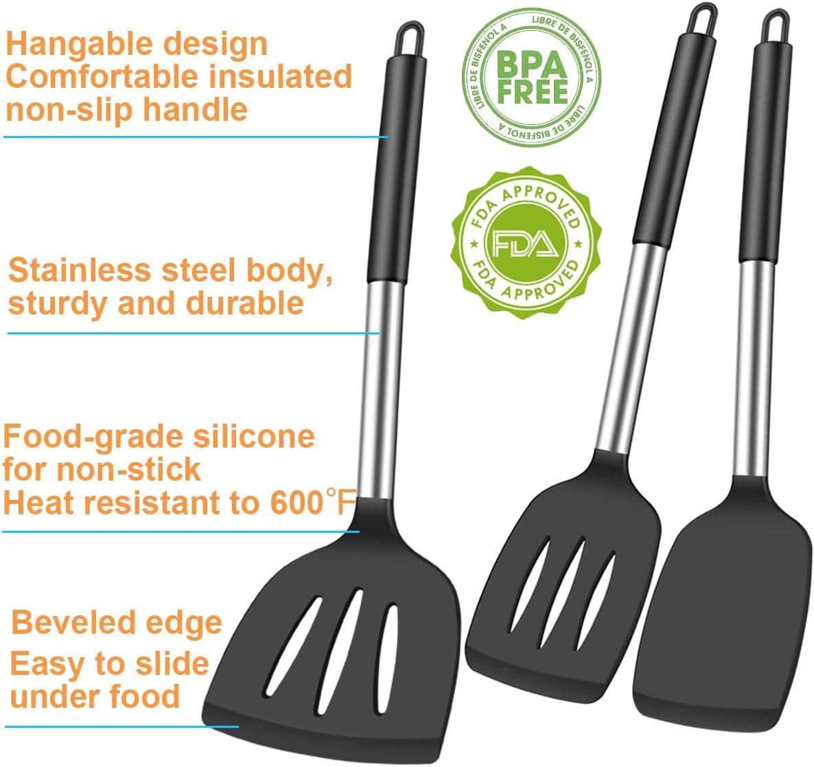 KLAQQED 3Pcs Silicone Spatula Set Heat Resistant Spatulas for Nonstick Cookware Fish Turner Plastic Spatulas Rubber Wok Spatula, Long Large Spatula Silicone Cooking Use Kitchen Utensils Set