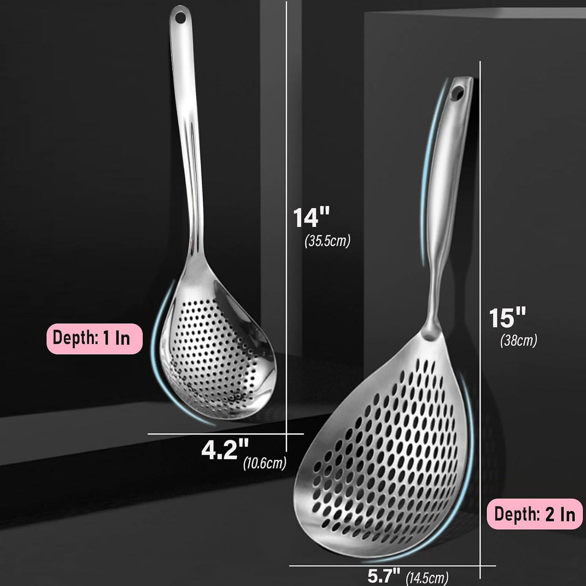 KAYCROWN Skimmer Slotted Spoon, 2 Pack Stainless Steel Pasta Spider Strainer Ladle for Frying and Cooking, Frying Strainer Spoon, Kitchen Cooking Skimmer Colander