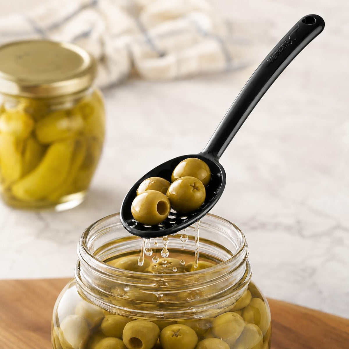 Olive and Pickle Spoon Set of 4, 7-Inch Small Slotted Serving Utensils for Jars, Teal and Black, Perfect for Olives, Pickles, Capers, Pepperoncini, Cherries, Dishwasher Safe, Made in USA by Pikanty