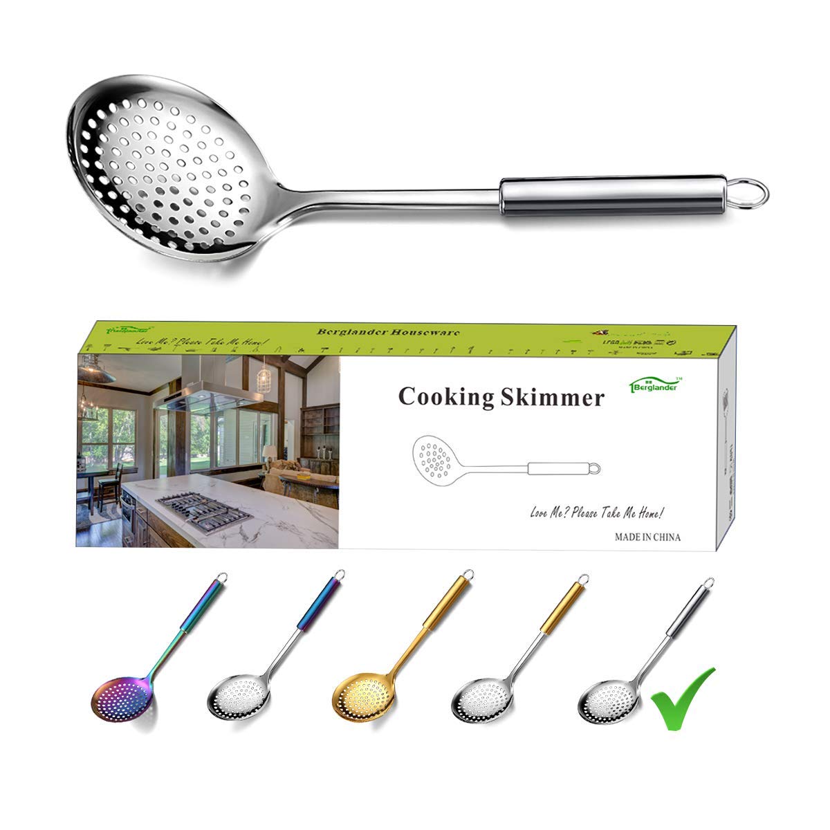 Berglander Stainless Steel Cooking Skimmer - Slotted Spoon for Straining, Ideal for Kitchen Use