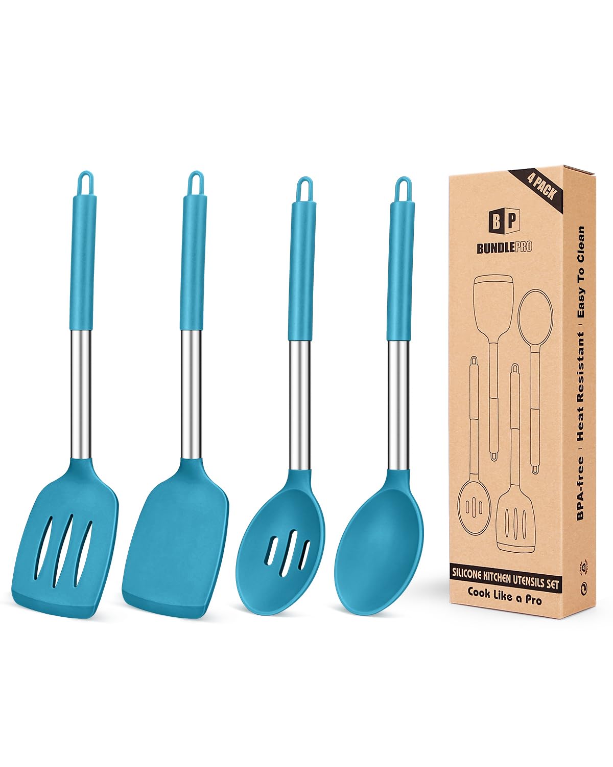 Pack of 4 Silicone Cooking Utensils Set, Non Stick Large Solid Spatulas, Heat Resistant Black Slotted Spoons, Ideal BPA Free Kitchen Turners for Frying, Mixing,Serving,Draining,Turning,Stirring