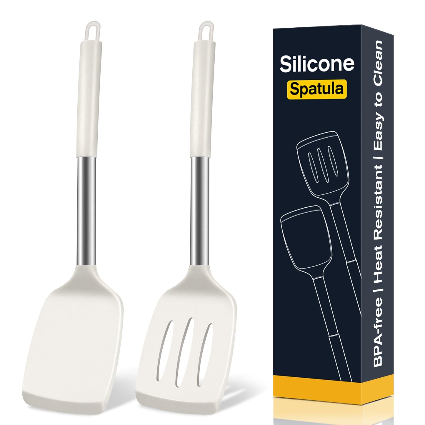 2 Pack Silicone Spatula Set, Solid & Slotted Turner for Non-Stick Pans, High Heat Resistant Silicone Spatula for Cooking, BPA-Free Stainless Steel Cooking Utensils for Fish, Eggs, Pancakes, Black