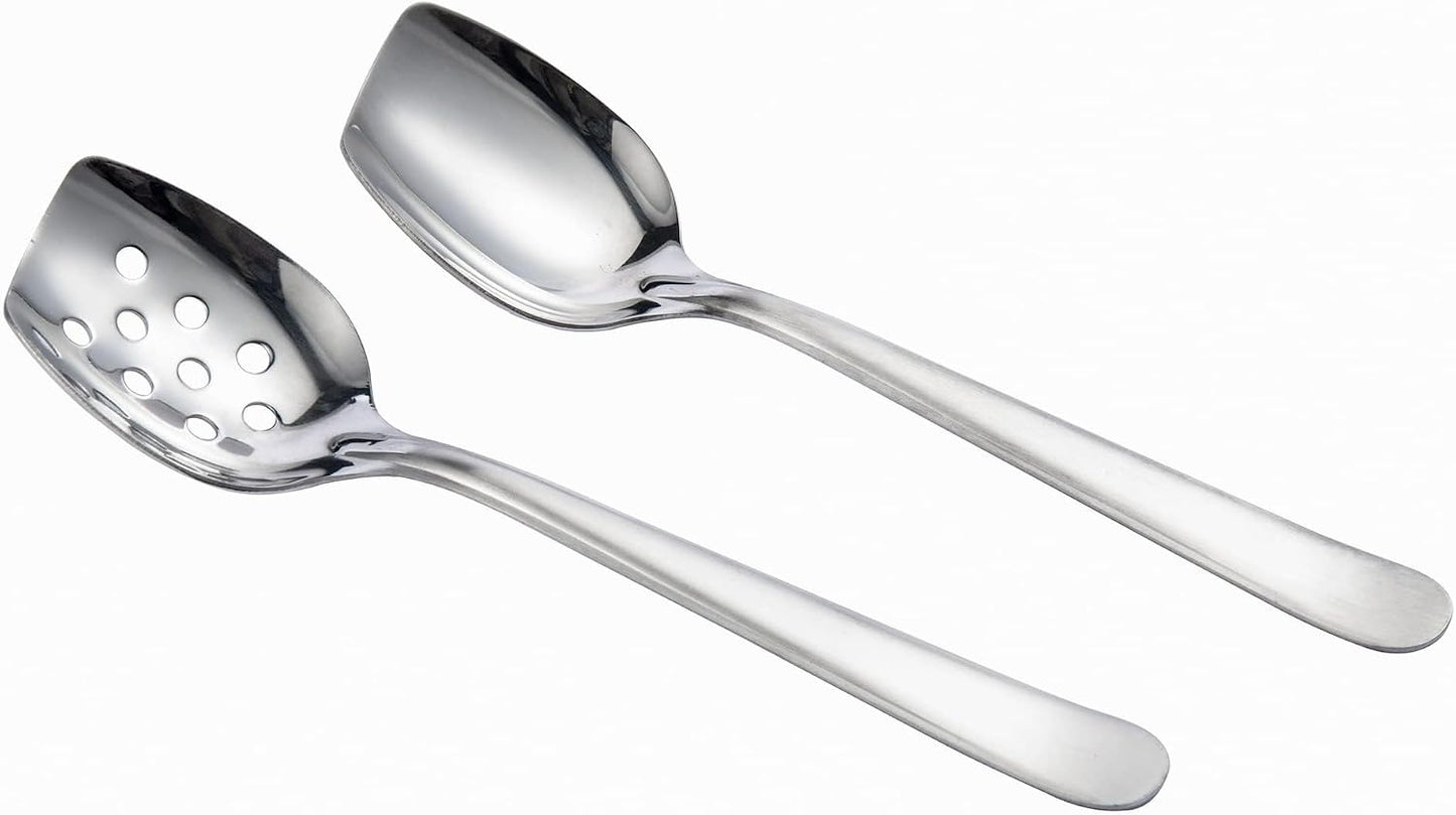 IMEEA 8-Inch Compact Flat Bottom Scraping Cooking Spoon Set of 2, 18/8 Stainless Steel Slotted & Solid Stirring Spoon, Small Kitchen Spoon for Sauces, Eggs, Instant Pot, Small Pan & Bowl