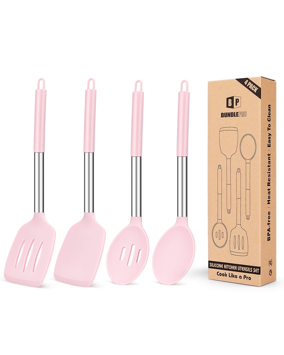 Pack of 4 Silicone Cooking Utensils Set, Non Stick Large Solid Spatulas, Heat Resistant Black Slotted Spoons, Ideal BPA Free Kitchen Turners for Frying, Mixing,Serving,Draining,Turning,Stirring
