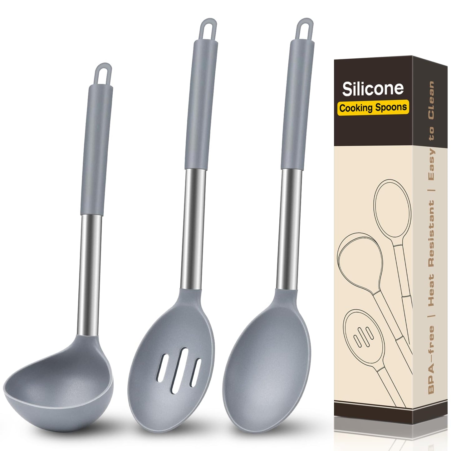 3 Pcs Silicone Cooking Spoon Set, Kitchen Utensils Include Solid & Slotted Spoon, Soup Ladle, Food-Grade Heat Resistant, Non-Scratch Spoons for Serving, Stirring, Draining, Dishwasher Safe, Black