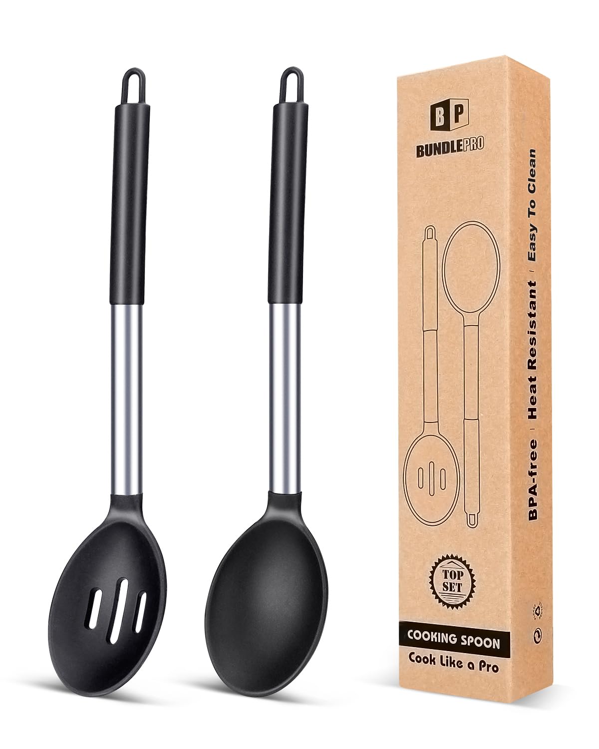 BUNDLEPRO Silicone Cooking Spoons for Nonstick Cookware, 2 Pack, Pink