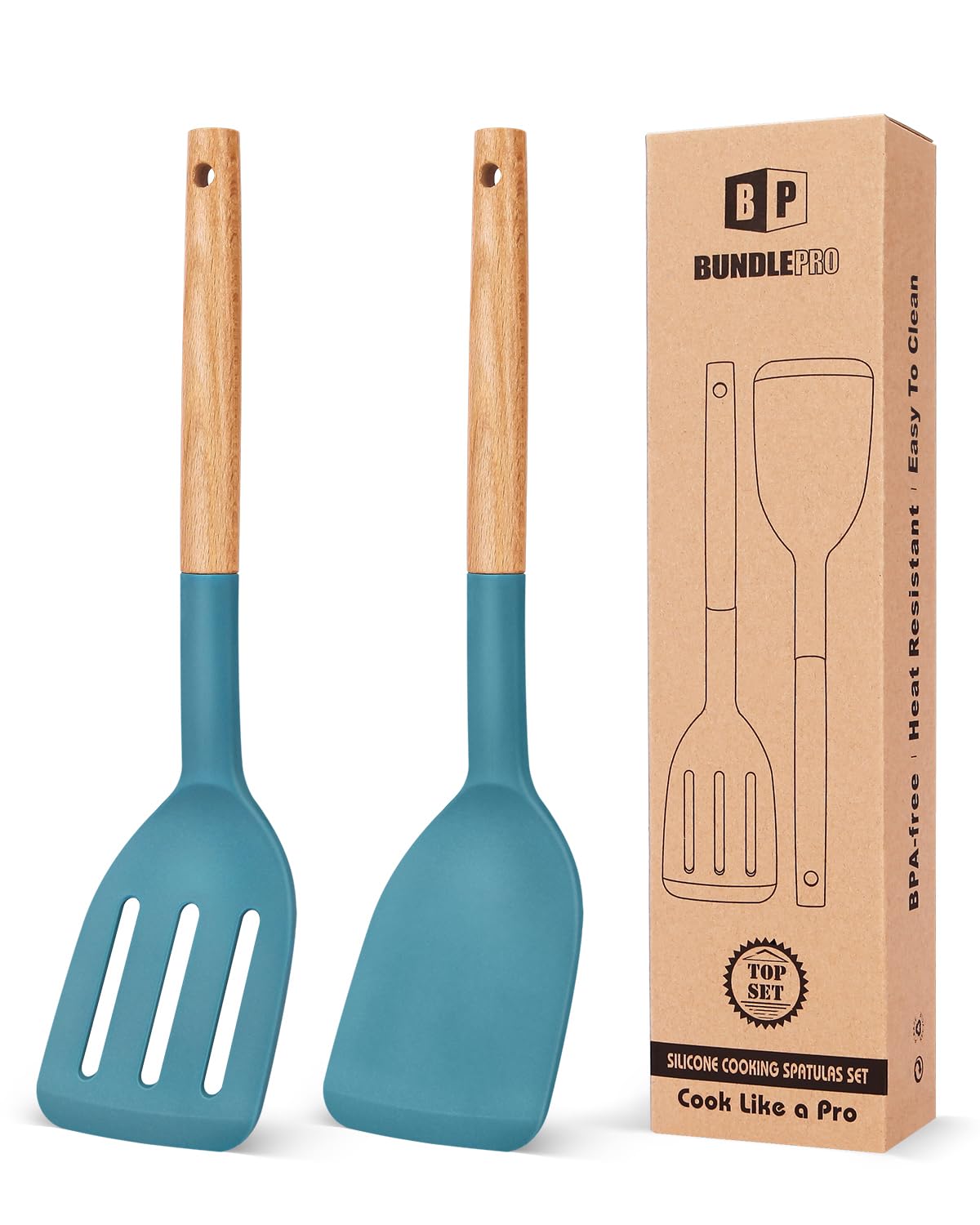 Pack of 2 Silicone Cooking Spatula, Heat Resistant Solid Turner, Non Stick Slotted Spatulas with Wooden Short Handle,Ideal Wood Kitchen Utensils Set for Frying, Baking, Flipping, Turning