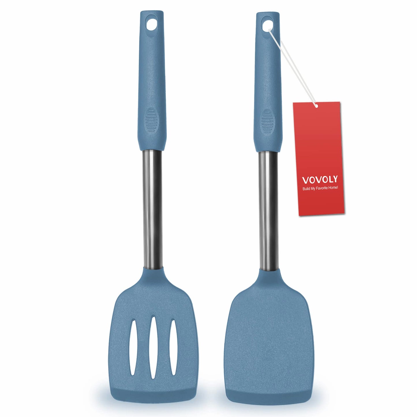 2 Pack Spatulas, Solid & Slotted Silicone Spatula Set, Stainless Steel Handle Coated with Silicone, Non Stick Turners, Heat Resistant Rubber Spatulas for Fish, Eggs, Pancakes, WOK, Black