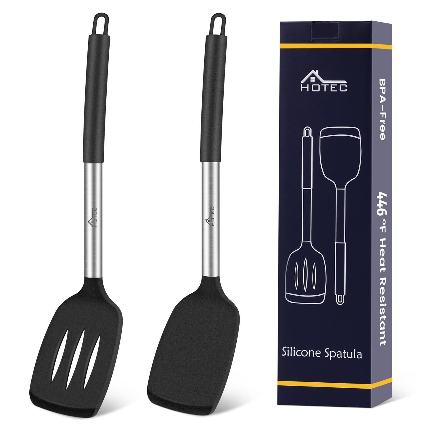 HOTEC Silicone Spatula Set of 2 Heat-Resistant 600°F & BPA-Free Kitchen SaptulaTurner with Stainless Steel Handles, Slotted & Solid Spatulas for Nonstick Cookware, 13.7 Inch, Classic Blue