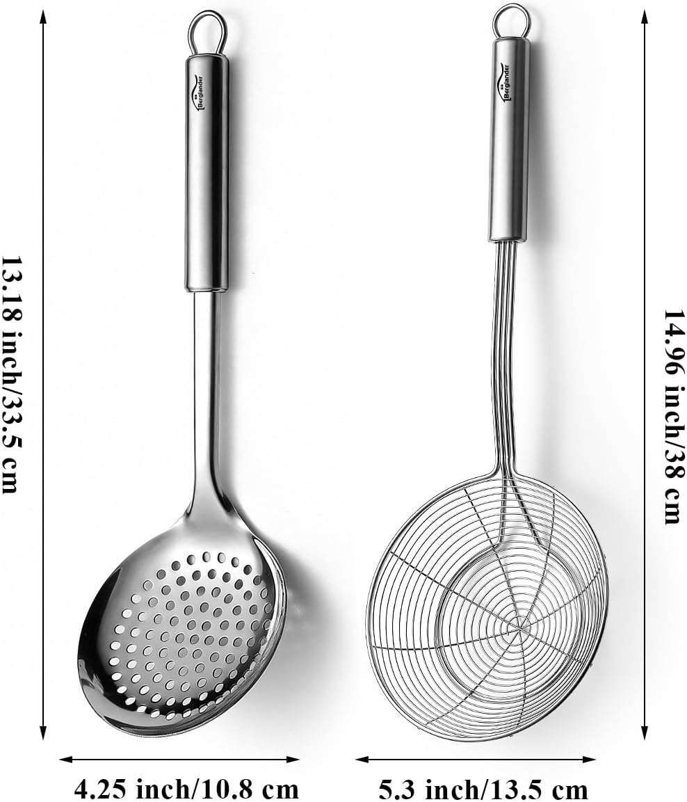 Berglander Spider Strainer Skimmer Ladle 2 Pieces, Stainless Steel Kitchen Skimmer Slotted Spoons for for Straining Pasta/Cooking/Frying, Kitchen Utensils Wire Strainer Pasta Spoon
