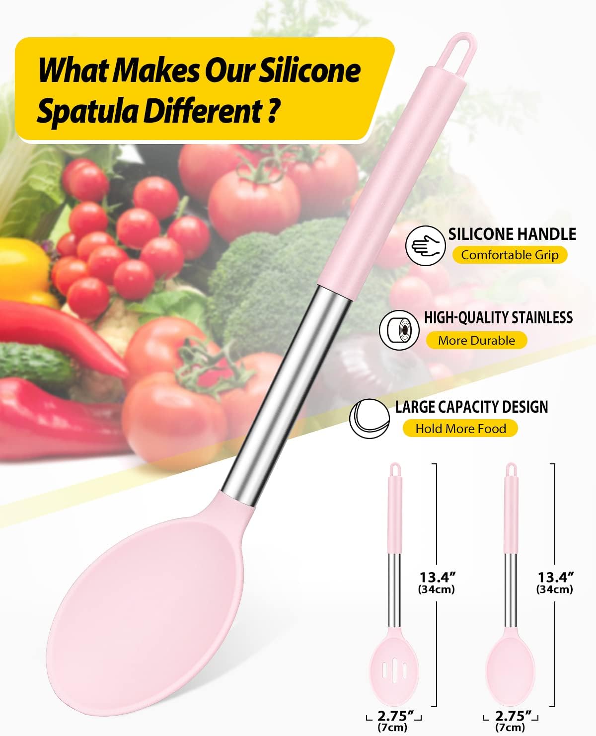 BUNDLEPRO Silicone Cooking Spoons for Nonstick Cookware, 2 Pack, Pink