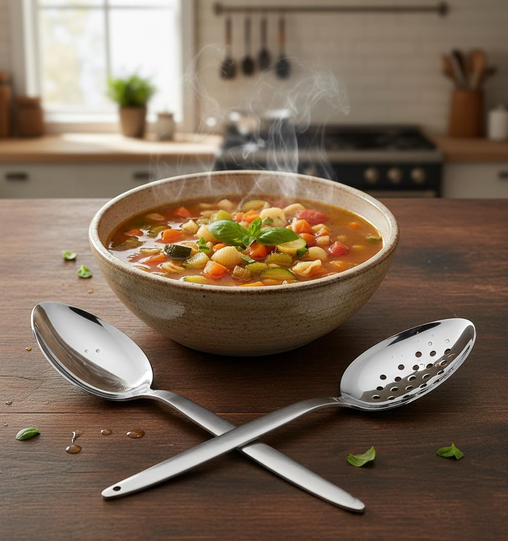 Kunz Perforated and Regular Set | Pack of 2 | 9 Inch 18/10 Stainless Steel Cooking Serving Spoon | Daily Chef, Basting, Quenelle, Saucing, Plating Spoon | Dishwasher safe