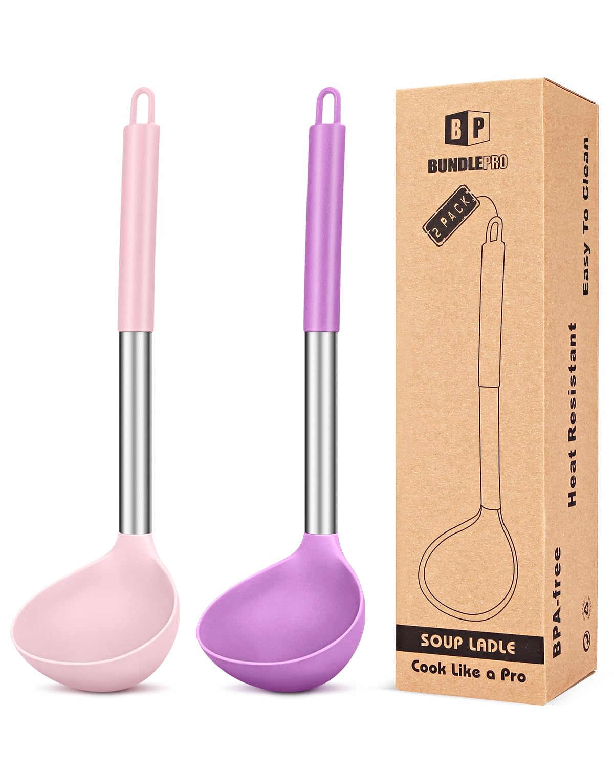 BUNDLEPRO Silicone Soup Ladle Spoon Kitchen Utensils, 2 Pack, Grey-Blue