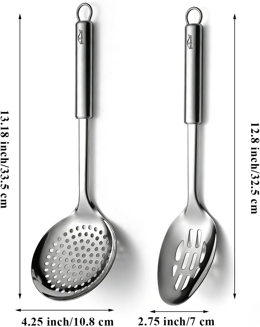 Berglander Kitchen Skimmer Slotted Spoons for Straining 2 pcs 13", Stainless Steel Kitchen Spider Strainer Ladle Spoon for Straining Pasta/Cooking/Frying/Noodle, Metal Kitchen Utensils Pasta Spoon