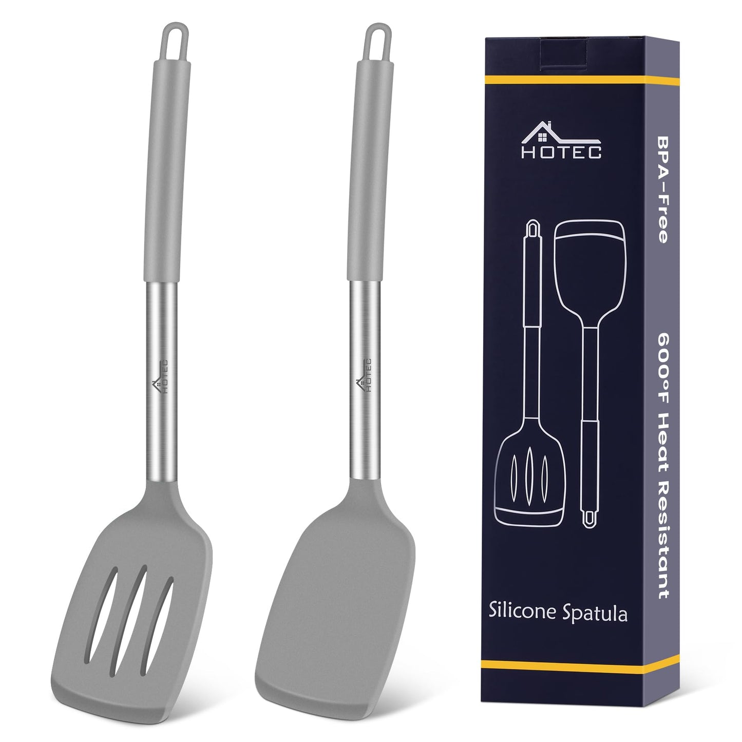 HOTEC Silicone Spatula Set of 2 Heat-Resistant 600°F & BPA-Free Kitchen SaptulaTurner with Stainless Steel Handles, Slotted & Solid Spatulas for Nonstick Cookware, 13.7 Inch, Classic Blue