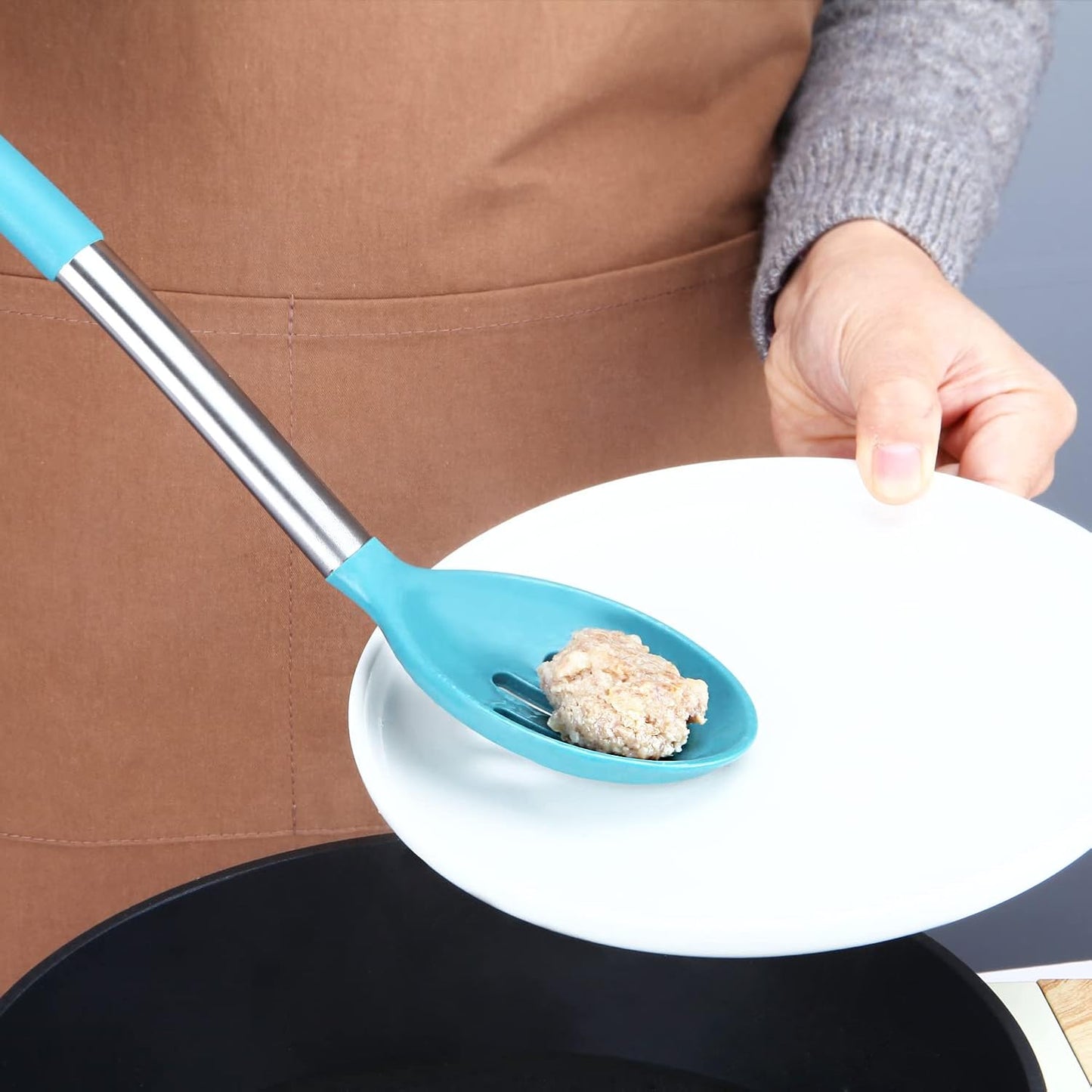 BUNDLEPRO Large Silicone Slotted Spoon, 2 Pack, Gray-Blue