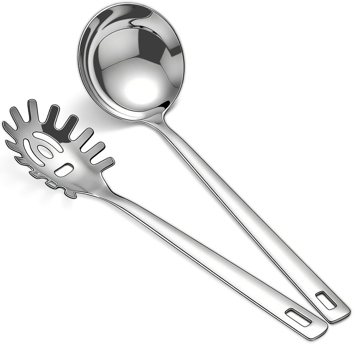 Berglander Kitchen Ladle Spoon and Spaghetti Spoon Set 2 pieces, Pasta Spoon Stainless Steel Kitchen Utensils for Cooking, Stirring, Serving Spaghetti, Soup, Sauce, Dishwasher Safe
