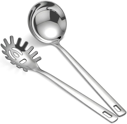 Berglander Kitchen Ladle Spoon and Spaghetti Spoon Set 2 pieces, Pasta Spoon Stainless Steel Kitchen Utensils for Cooking, Stirring, Serving Spaghetti, Soup, Sauce, Dishwasher Safe