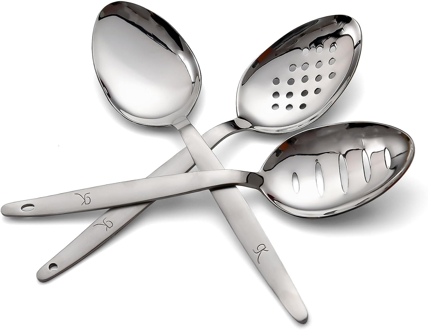3-PCS Kunz Spoon | 9 Inch 18/10 Stainless Steel Serving Spoons Set Include Serving Spoon, Slotted and Perforated Spoons (Medium 9 Inch, 3 Pack All Kunz)