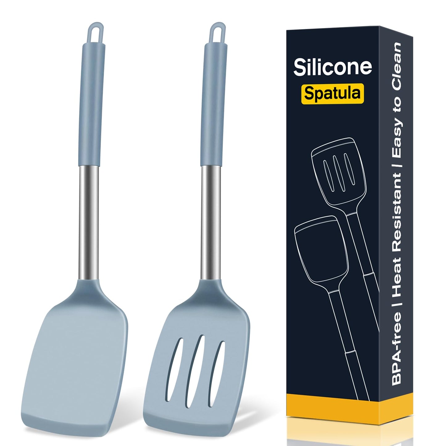 2 Pack Silicone Spatula Set, Solid & Slotted Turner for Non-Stick Pans, High Heat Resistant Silicone Spatula for Cooking, BPA-Free Stainless Steel Cooking Utensils for Fish, Eggs, Pancakes, Black