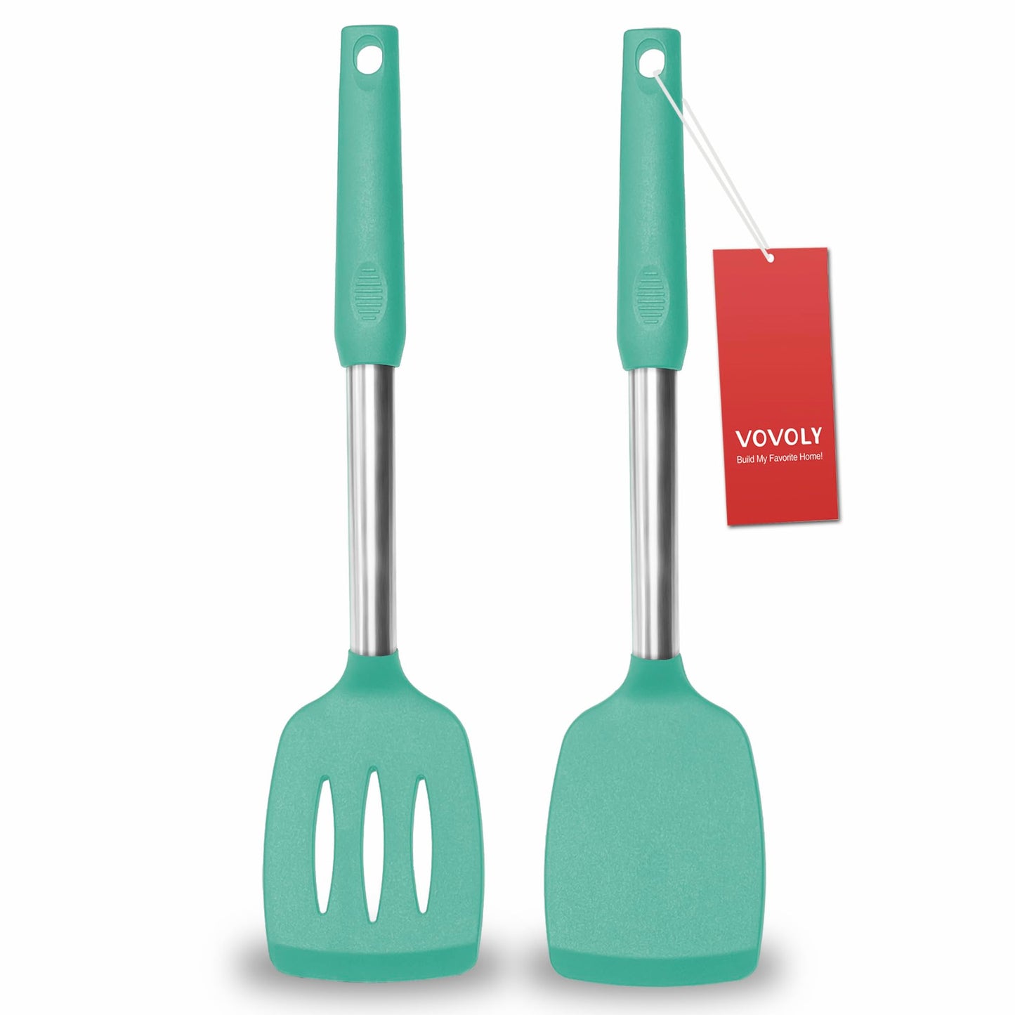 2 Pack Spatulas, Solid & Slotted Silicone Spatula Set, Stainless Steel Handle Coated with Silicone, Non Stick Turners, Heat Resistant Rubber Spatulas for Fish, Eggs, Pancakes, WOK, Black