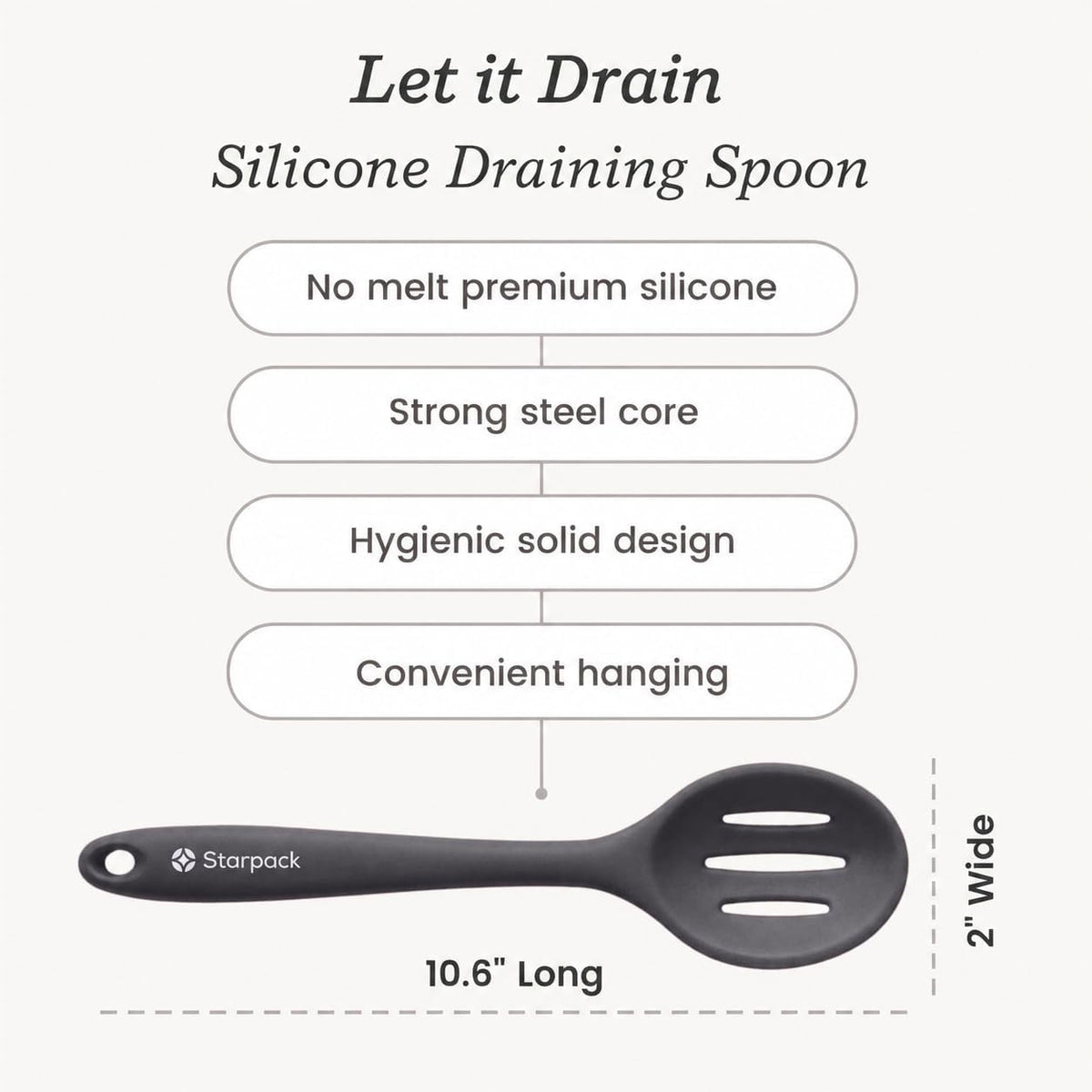 Starpack 'Let it Drain' Silicone Slotted Spoon(10.6 Inches) - Small Slotted Spoon for Cooking Heat Resistant to 600°F - Silicone Slotted Serving Spoons, Non Stick Slotted Cooking Spoon
