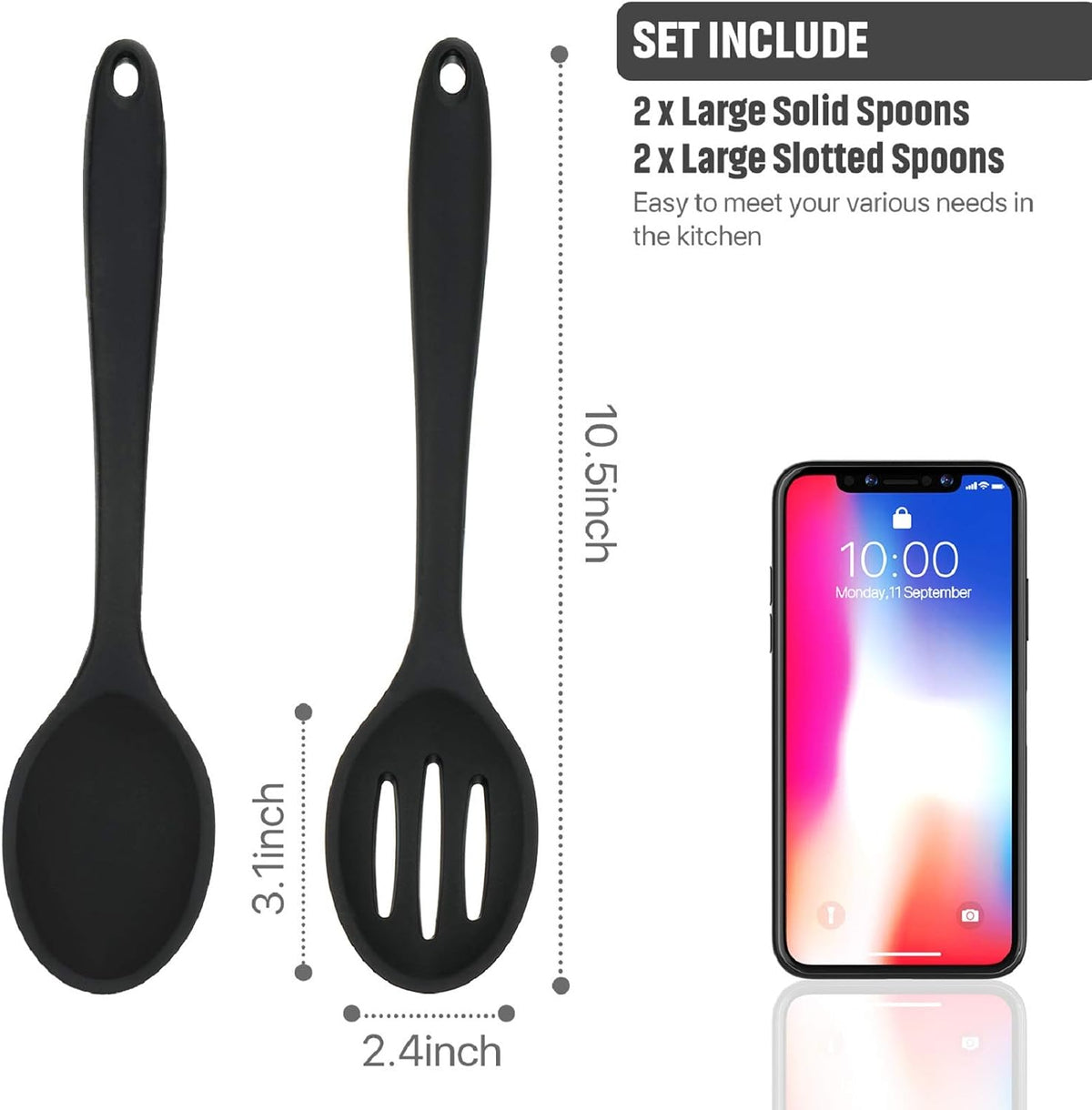 Boao 4 Pcs Silicone Cooking Spoons 10.6 Inch Slotted Nonstick, Black