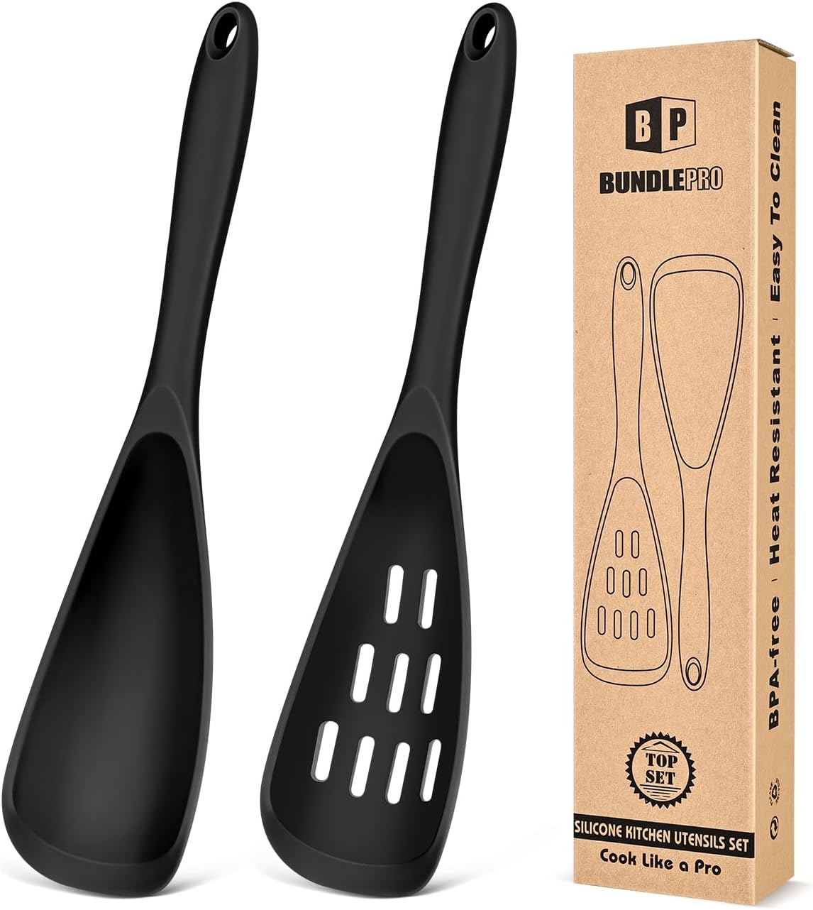 Pack of 2 Cooking Spoons for Non Stick Cookware, Multifunction Spatula Spoon BPA-Free, One-Piece Design, Suitable for Scooping, Scraping, Serving and Mixing(BLACK)