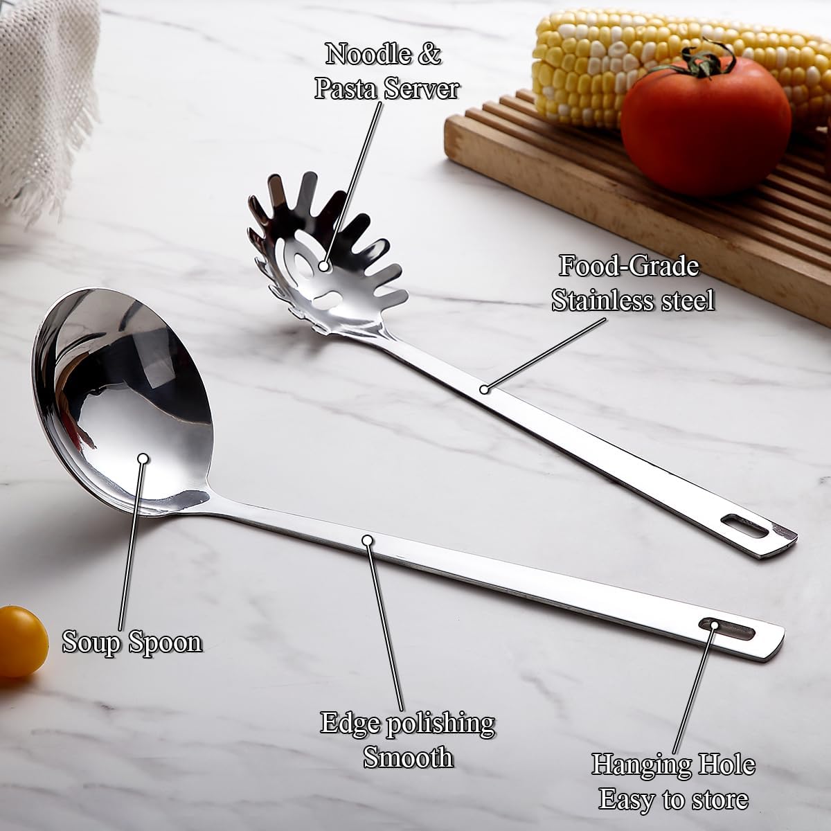 Berglander Kitchen Ladle Spoon and Spaghetti Spoon Set 2 pieces, Pasta Spoon Stainless Steel Kitchen Utensils for Cooking, Stirring, Serving Spaghetti, Soup, Sauce, Dishwasher Safe