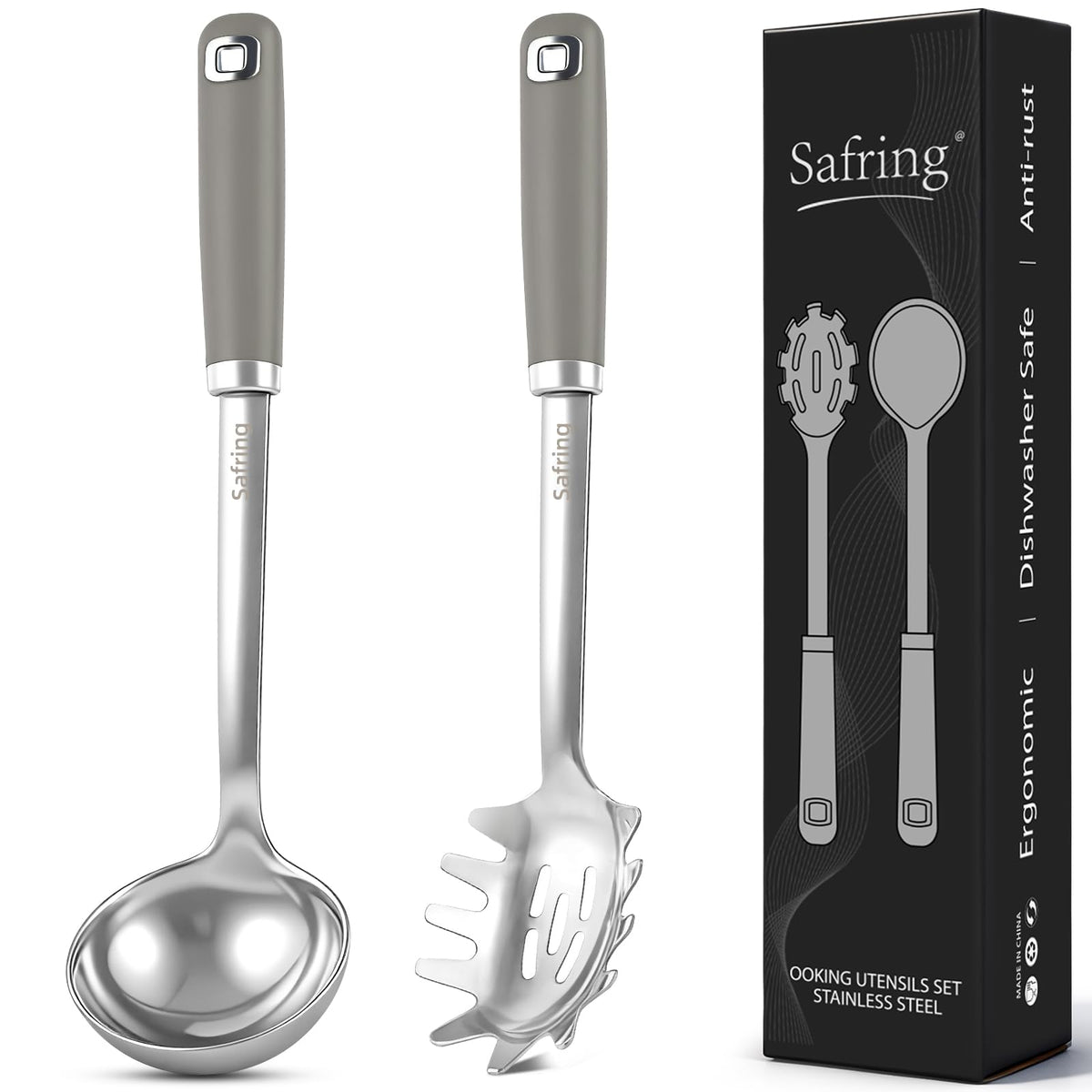 Safring Stainless Steel Soup Ladle and Spaghetti Spoon Set, Heat Resistant Rubber Handle, Dishwasher Safe, Kitchen Utensils for Cooking, Stirring, Serving Pasta, Soup & Sauce