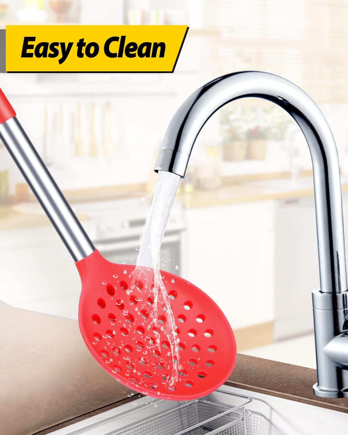 BUNDLEPRO Silicone Kitchen Ladle Strainer, 2 Pack, Black-Red