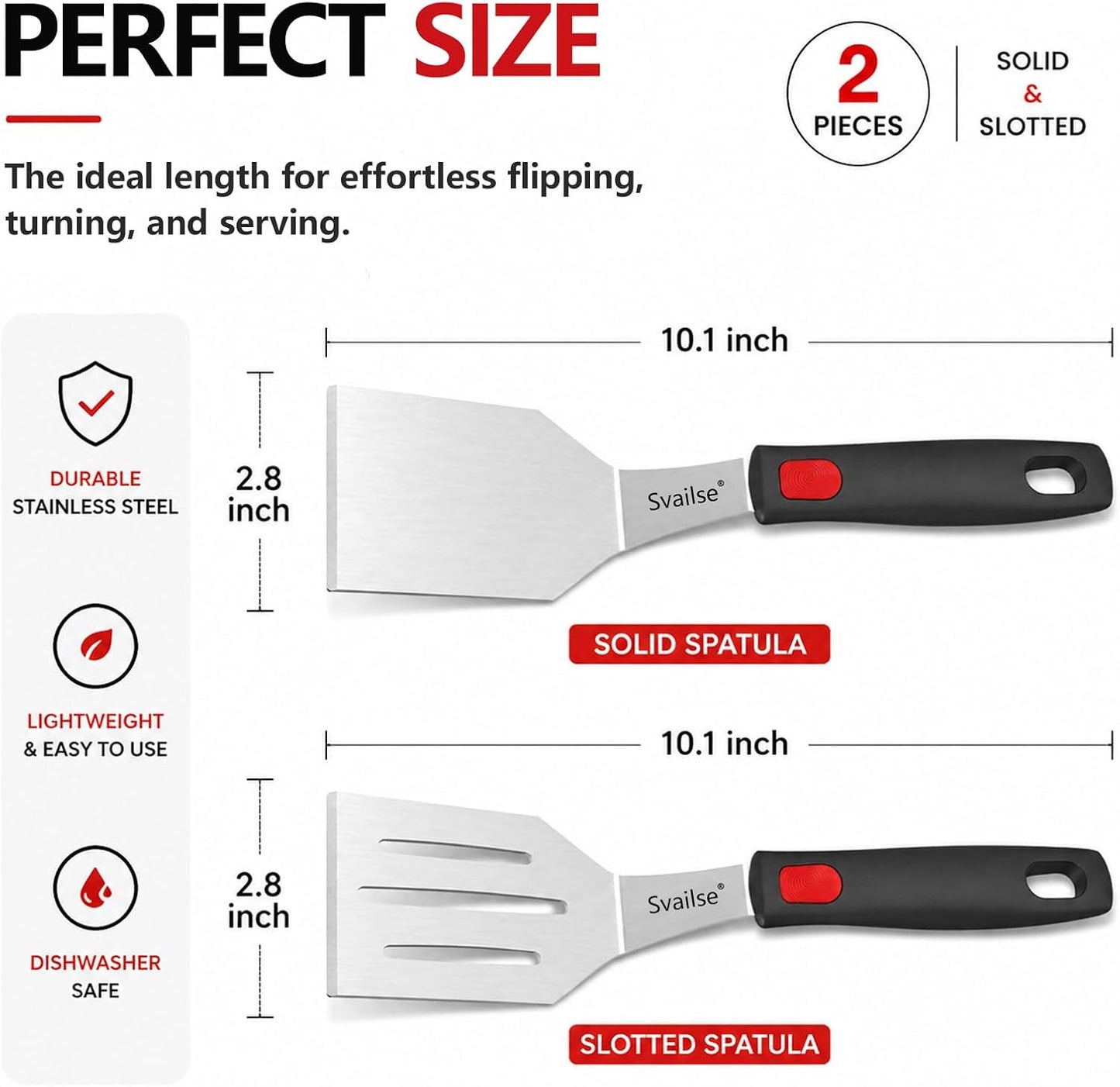 Metal Spatula of 2, Stainless Steel Solid & Slotted Turner Set