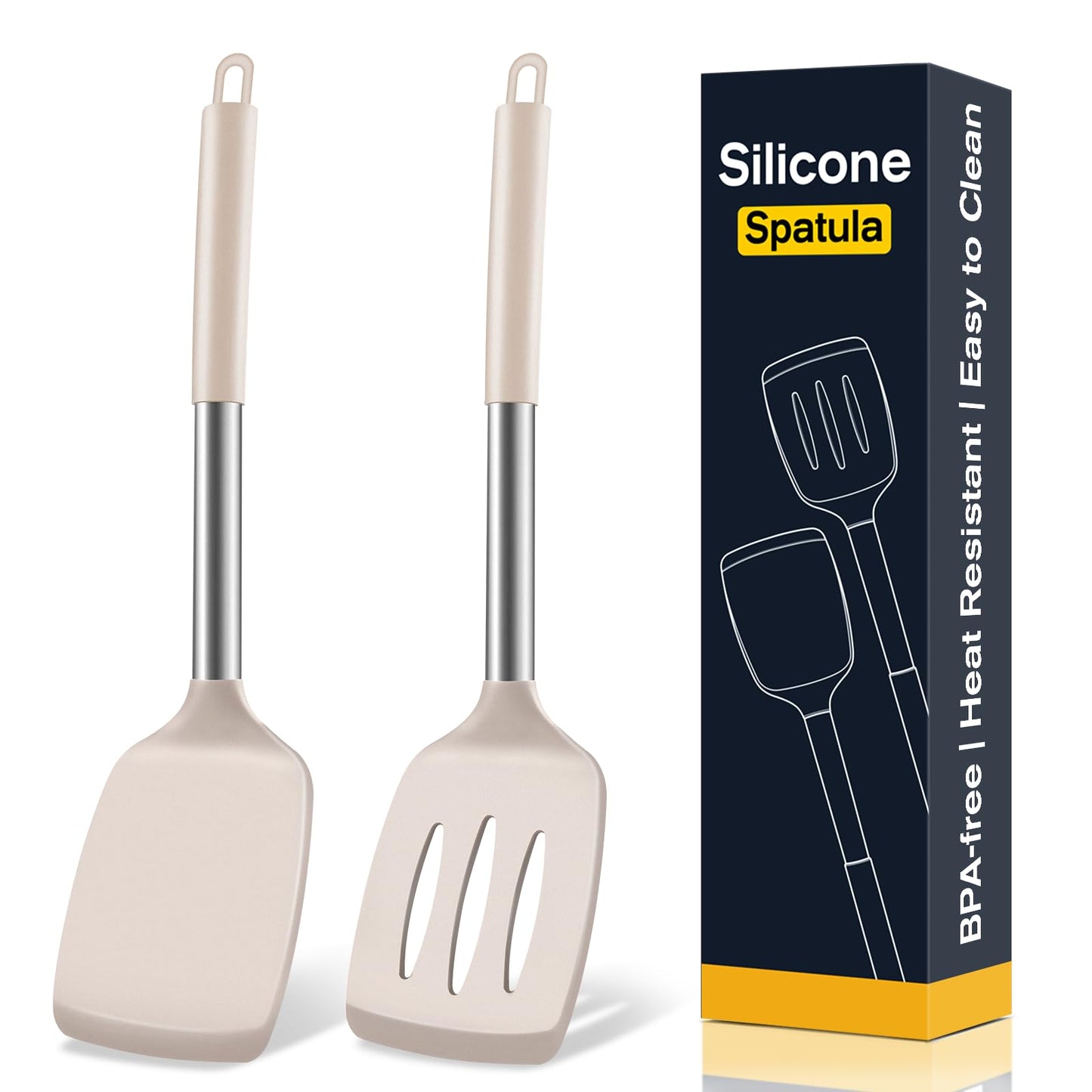 2 Pack Silicone Spatula Set, Solid & Slotted Turner for Non-Stick Pans, High Heat Resistant Silicone Spatula for Cooking, BPA-Free Stainless Steel Cooking Utensils for Fish, Eggs, Pancakes, Black