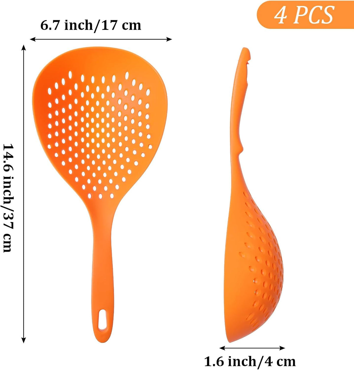 4 Pcs Scoop Colander Strainer Spoon, Big Plastic Slotted Spoon Heat Resistant Nylon Kitchen Utensils for Cooking Pasta Vegetables Dumplings, Large Orange and White