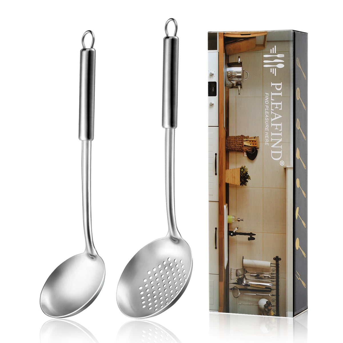 Pleafind Cooking Utensils Set - 4 Pcs Stainless Steel Kitchen Utensils Set with Solid Turner, Slotted Turner, Serving Ladle, Slotted Spoon, Wok Utensils Set with Heat Resistant Handle, Dishwasher Safe
