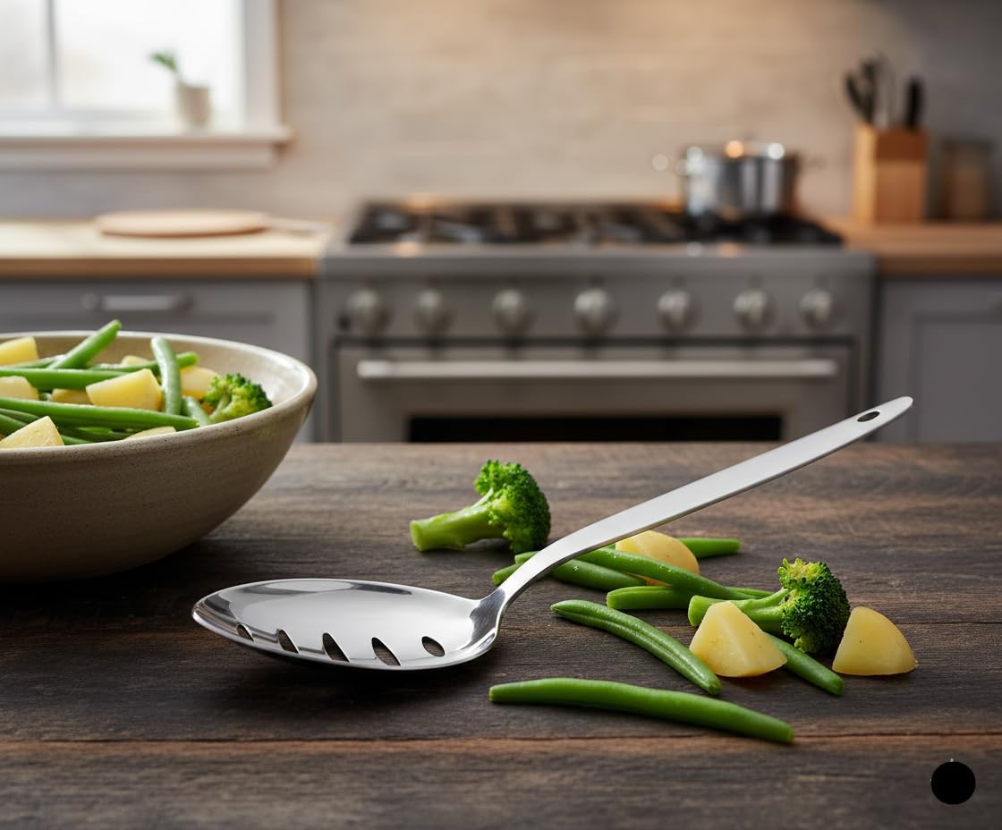 Chef Kunz Slotted Spoon | 9 Inch 18/10 Stainless Steel Silver Chef Cooking Spoons | Basting, Quenelle, Plating Spoon for Draining and Serving, Dishwasher Safe (Slotted)